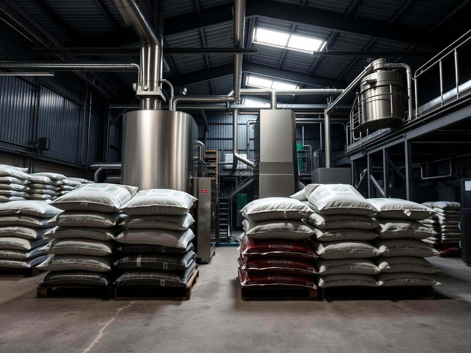 Industrial bagging facility interior with stainless steel machinery and palletised sacks